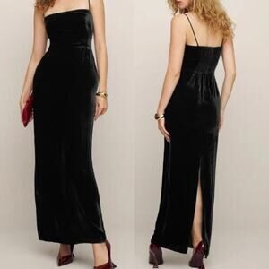 Reformation Frankie Velvet Maxi Slipdress Black Smocked Silk Blend Luxury Size 6